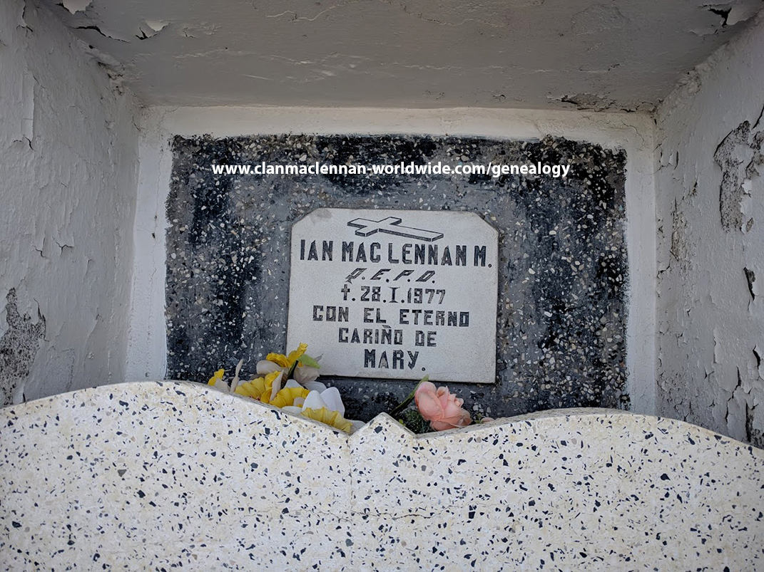 Photo of headstones/Ian MacKay MacLennan d1977 aged 69 hdstn Punta Arenas Munc cem_